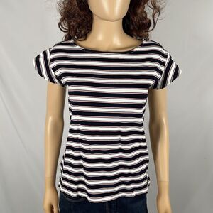 Ann Taylor Black White Pink Striped Cap Sleeve Blouse Top Small Business Casual